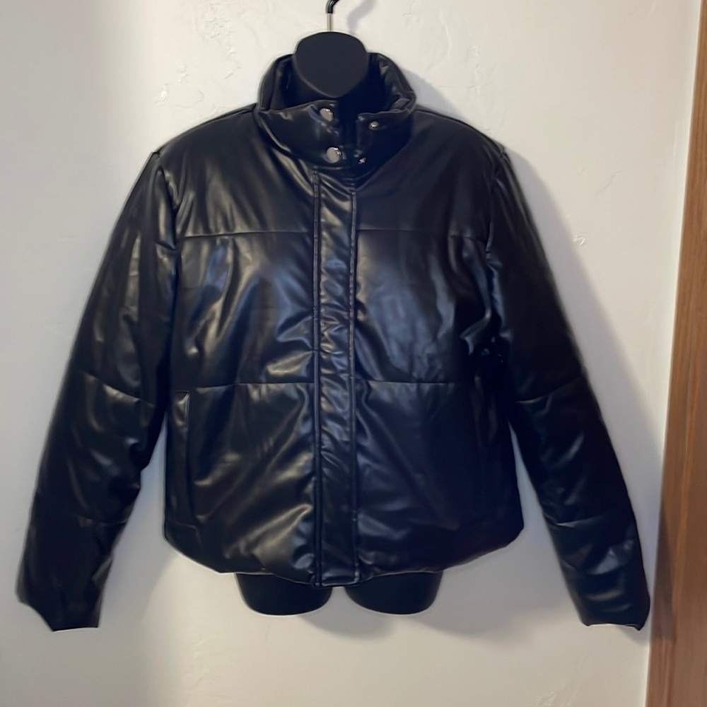 Just Fab Black PU Leather Puffer Jacket size XL